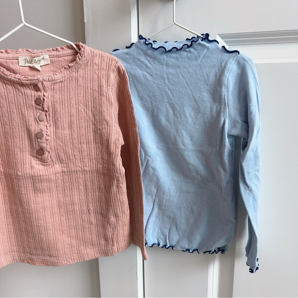 Petit Ami Textured Pink and Blue Ruffle Long Sleeve Tees